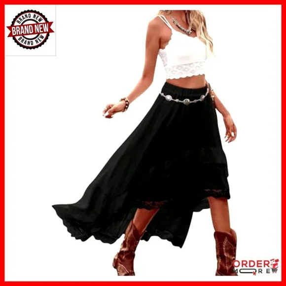 Boho Maxi Skirt High Low Asymmetrical Lace Ruffle Hem Flowy Western Style